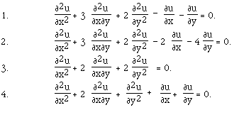 1. 		 F([[partialdiff]]<sup>2</sup>u,[[partialdiff]]x<sup>2</sup>) + 3<sup> </sup>F([[partialdiff]]<sup>2</sup>u,[[partialdiff]]x[[partialdiff]]y)  +2 F([[partialdiff]]<sup>2</sup>u,[[partialdiff]]y<sup>2</sup>)<sup>  -</sup>F([[partialdiff]]u,[[partialdiff]]x)  -F([[partialdiff]]u,[[partialdiff]]y) = 0.<b>XVI.2</b>.   F([[partialdiff]]<sup>2</sup>u,[[partialdiff]]x<sup>2</sup>) + 3 <sup></sup>F([[partialdiff]]<sup>2</sup>u,[[partialdiff]]x[[partialdiff]]y)  + 2F([[partialdiff]]<sup>2</sup>u,[[partialdiff]]y<sup>2</sup>)  - 2F([[partialdiff]]u,[[partialdiff]]x)  - 4 F([[partialdiff]]u,[[partialdiff]]y)= 0.<b>XVI.3</b>.    F([[partialdiff]]<sup>2</sup>u,[[partialdiff]]x<sup>2</sup>) + 2 <sup></sup>F([[partialdiff]]<sup>2</sup>u,[[partialdiff]]x[[partialdiff]]y)  + 2F([[partialdiff]]<sup>2</sup>u,[[partialdiff]]y<sup>2</sup>)<sup>   </sup>=0.<b>XVI.4</b>.   F([[partialdiff]]<sup>2</sup>u,[[partialdiff]]x<sup>2</sup>) + 2 <sup></sup>F([[partialdiff]]<sup>2</sup>u,[[partialdiff]]x[[partialdiff]]y)  +F([[partialdiff]]<sup>2</sup>u,[[partialdiff]]y<sup>2</sup>)<sup>  +</sup>F([[partialdiff]]u,[[partialdiff]]x) +F([[partialdiff]]u,[[partialdiff]]y) = 0.