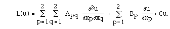 L(u) = ISU(p=1,2, )ISU(p=1,2, ) Apq [[Phi]]([[partialdiff]]<sup>2</sup>u,[[partialdiff]]xp[[partialdiff]]xq)  + ISU(p=1,2,  Bp)  F([[partialdiff]]u,[[partialdiff]]xp) + Cu.
