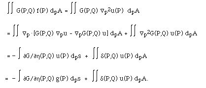 Integral G(P,Q) f(P) dpA = Integral  G(P,Q) --p<sup>2</sup>u(P)dpA   =  Integral --p.[G(P,Q) --pu - --pG(P,Q) u] dpA + Integral --p<sup>2</sup>G(P,Q) u(P) dpA   = -  Integral [[partialdiff]]G/[[partialdiff]][[eta]](P,Q) u(P) dps  + Integral d(P,Q) u(P) dpA  =  -  Integral [[partialdiff]]G/[[partialdiff]][[eta]](P,Q) g(P) dps  + Integral d(P,Q) u(P) dpA.