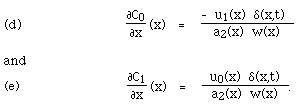 (d) partial C_0/partial x  = - u_1(x) delta(x,t) /a_2(x) w(x));   (e) partial C_1/partial x)   = u_0(x) delta(x,t) ,a_2(x) w(x).